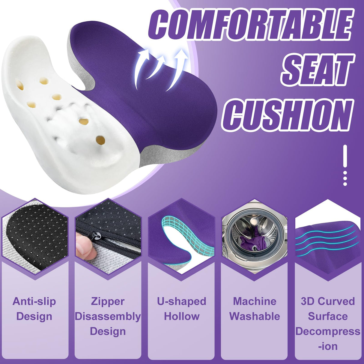 FOKEP Seat Cushion, X Large Memory Foam Cushion for Office Chair Cushions, Car Seat, Gaming Chair, Ergonomic Cushions Pad Pillow for Sciatica, Tailbone Pain Relief and Long Sitting (Purple)