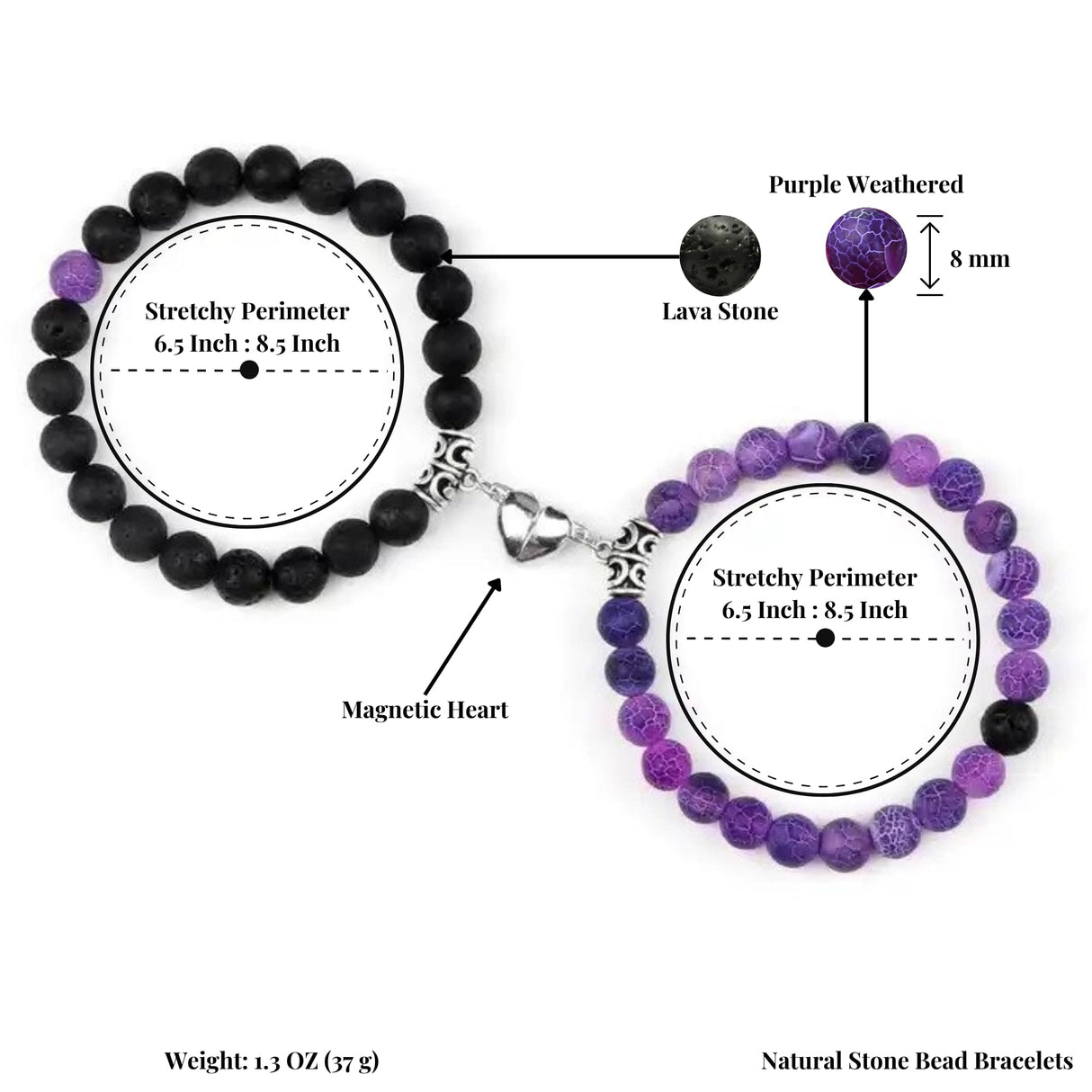 Jexiva Set Of 2 Matching Couple Bracelets Magnetic Heart - Stone Beads, Stretch, Unisex Anniversary, Express Love, Valentine, Long Distance, Christmas Gift (Lava+Purple Weathered, Without Giftbox)