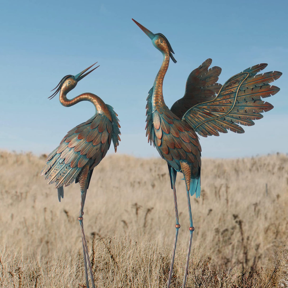 Oritty Crane Statues for Garden Decor, Metal Crane Yard Art Statues, Standing Heron Garden Sculptures & Statues for Outdoor Decorations, 38-42 Inch Set of 2, Copper