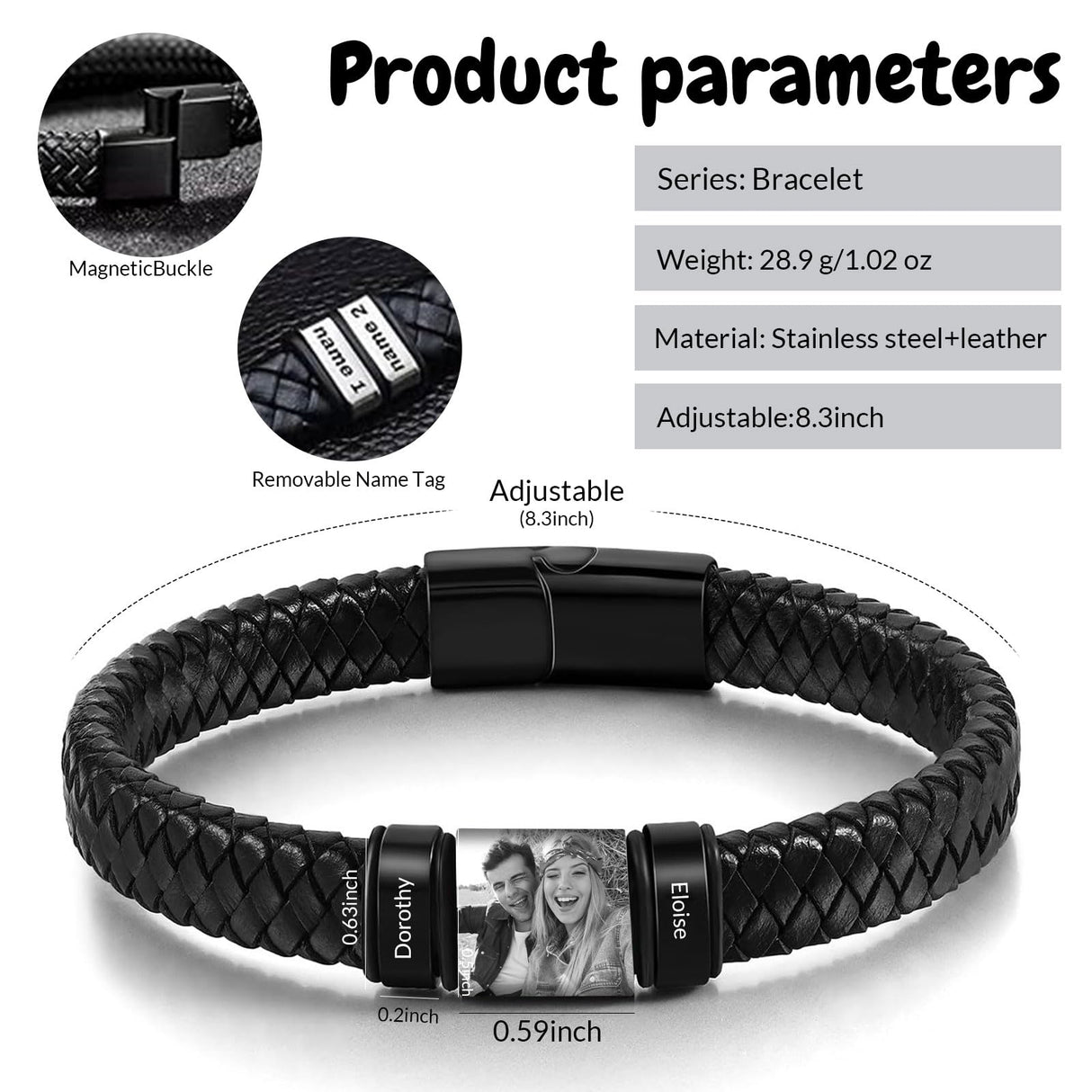 Personalized Picture Bracelet for Men Custom Engraved Bracelets with Photo Name,Custom Bracelet Gift for Boyfriend Husband Father's Day Christmas (Black)