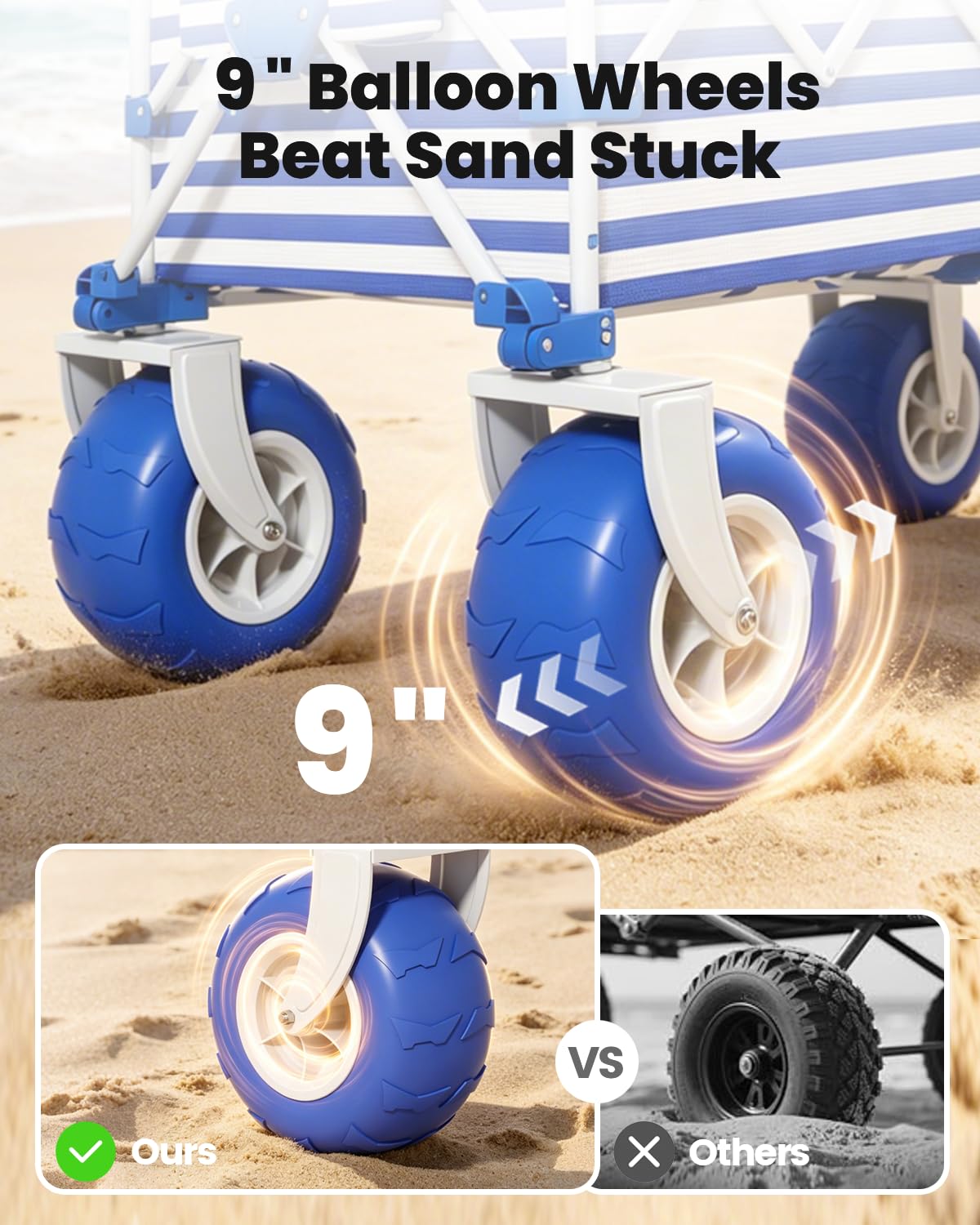 GVDV CW40 Beach Wagon with 9 in Big Balloon Wheels, Cart with Tailgate