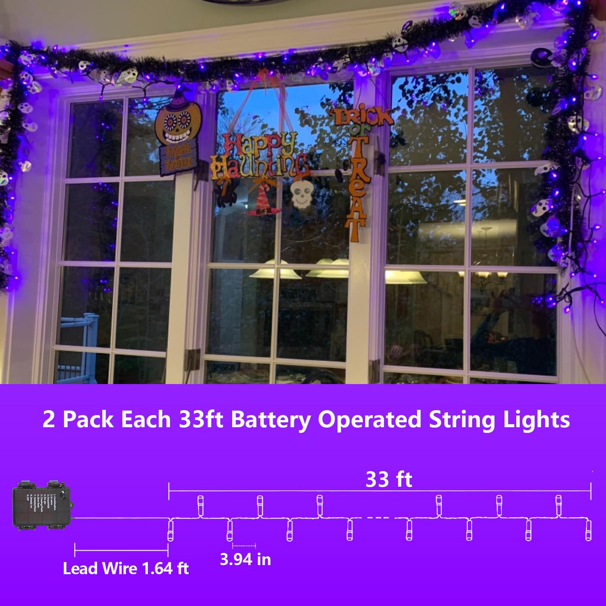 YEGUO Halloween Lights Battery Operated, 2 Pack Each 33ft 100 LED Purple String Lights Outdoor Waterproof, Green Wire Fairy Christmas Light Indoor with Remote