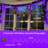 YEGUO Halloween Lights Battery Operated, 2 Pack Each 33ft 100 LED Purple String Lights Outdoor Waterproof, Green Wire Fairy Christmas Light Indoor with Remote