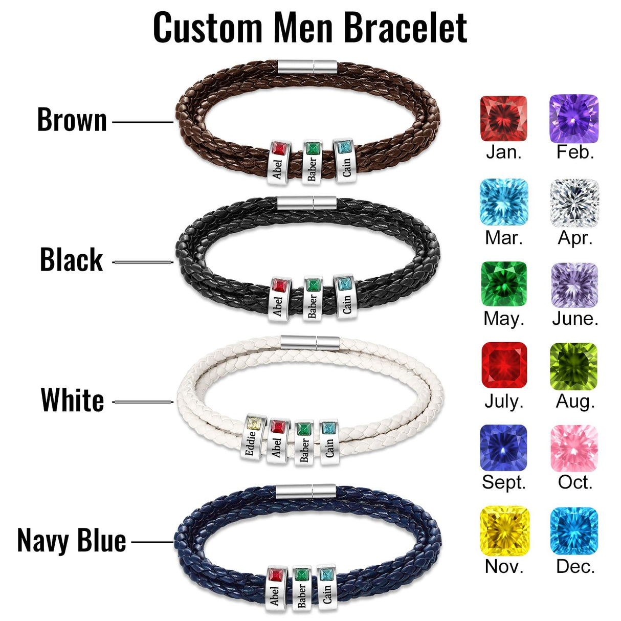 Pinkfulum Personalized Father's Day Dad Bracelet Gifts Custom Mens Leather Bracelet with 1-8 Names Beads, Customized Birthstone Bracelets Gifts for Husband Dad Grandpa