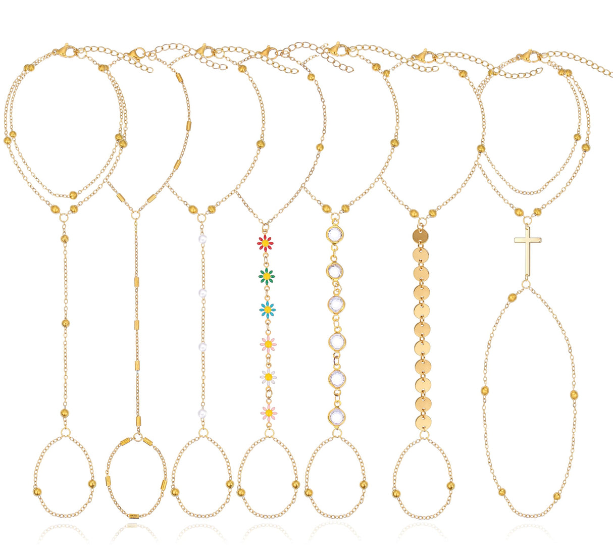 BOMAIL 7Pcs 14K Gold Plated Gold Hand Chain Bracelets for Women