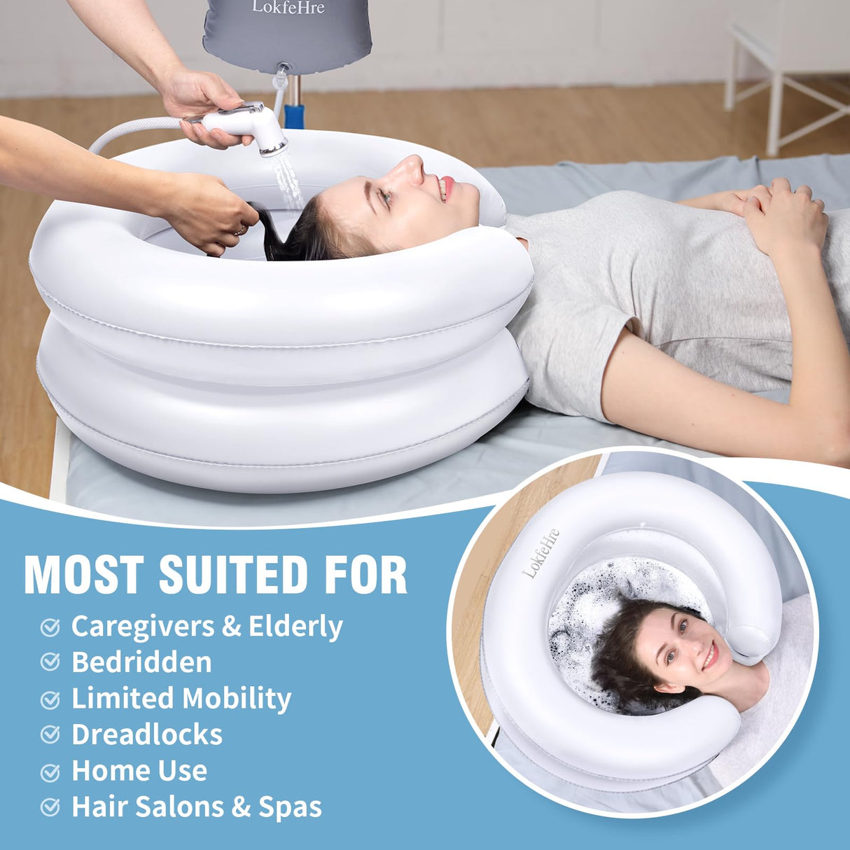 LOKFEHRE Large Portable Inflatable Hair Washing Basin for Bedridden - Wash Hair in Bed with Inflatable Shampoo Bowl.For Elderly,Disabled,Injured,Ideal Inflatable Sink for Locs Detox (Pure white)