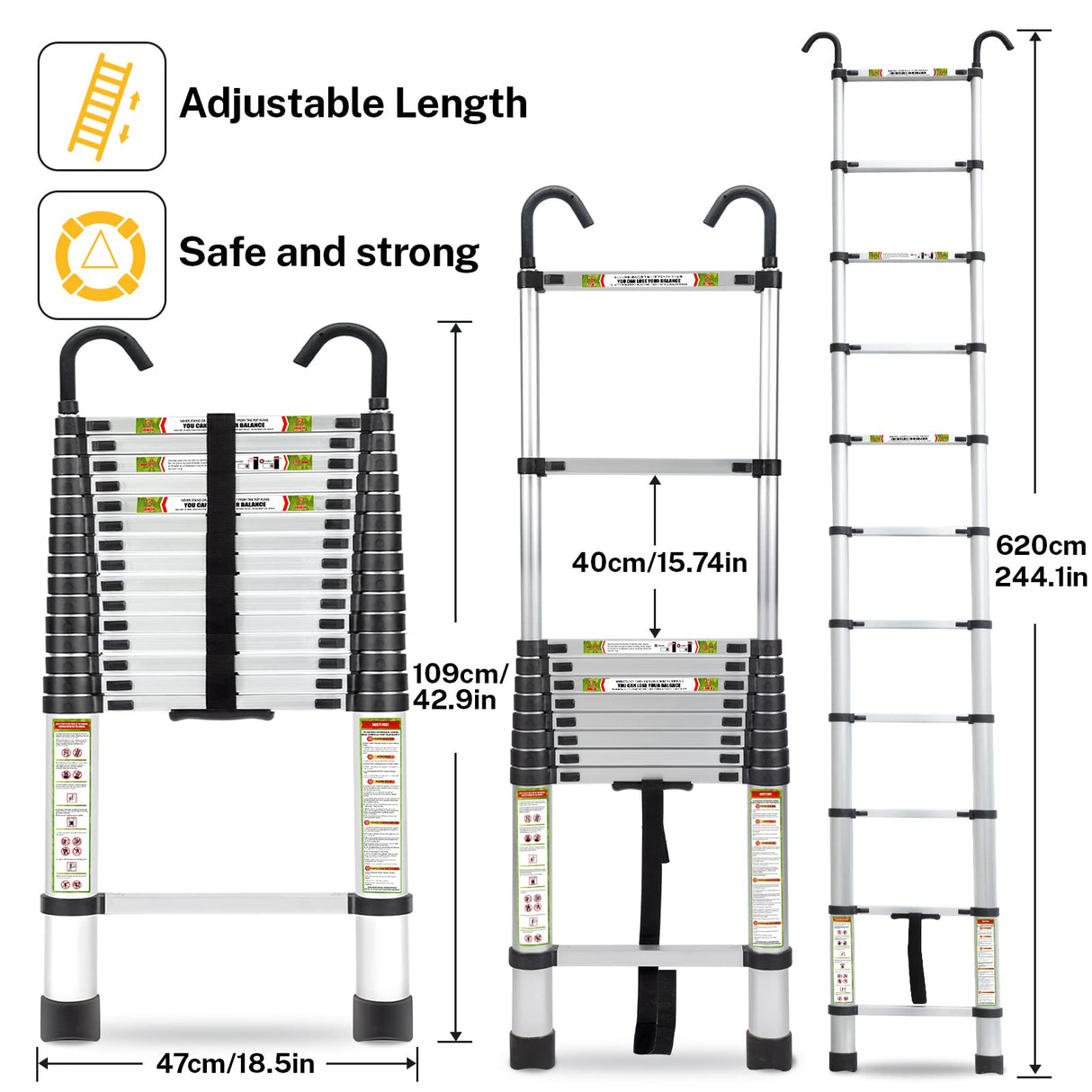 RIKADE Telescoping Ladder, 20.3 FT Aluminum Lightweight Collapsible Ladder with Detachable Top Hooks, 330 lbs Max Load, Extension Ladder for RV, Roof and Construction, Aluminum