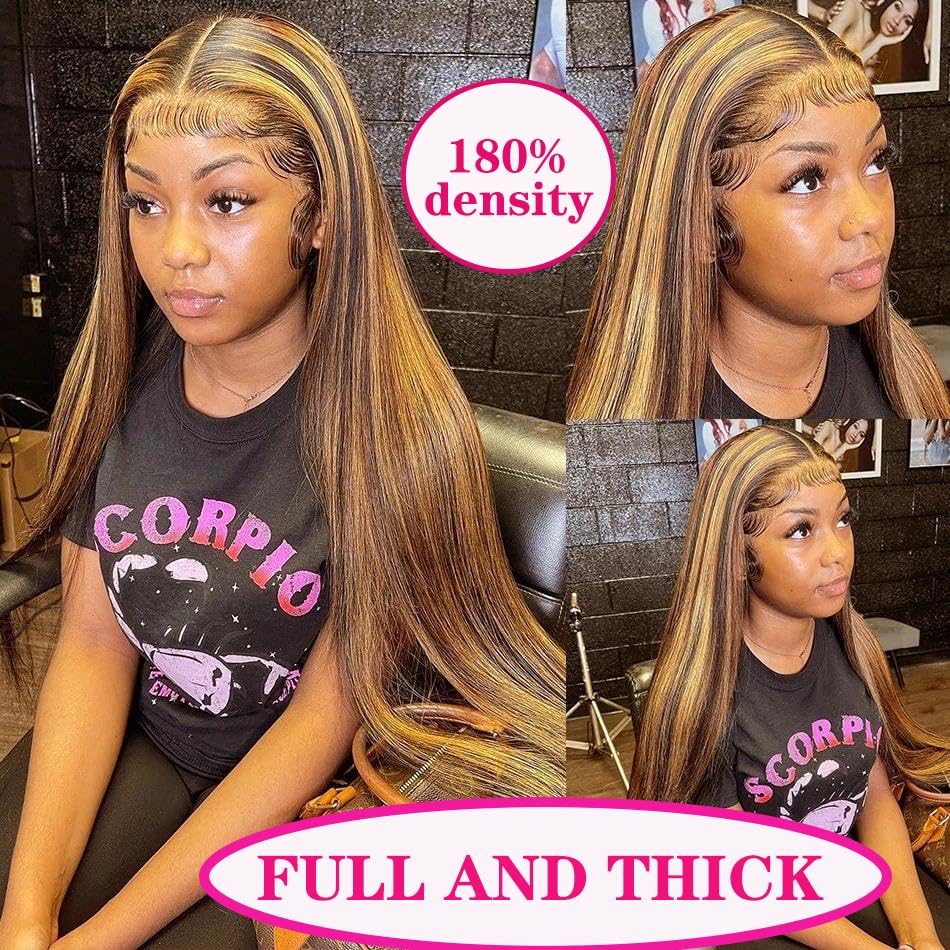 30 Inch 13x4 Highlight Ombre Straight Lace Front Wigs Human Hair Pre Plucked #4/27 Colored Glueless Wigs Honey Blonde Brazilian Lace Frontal Wigs Human Hair for black Women with Baby Hair