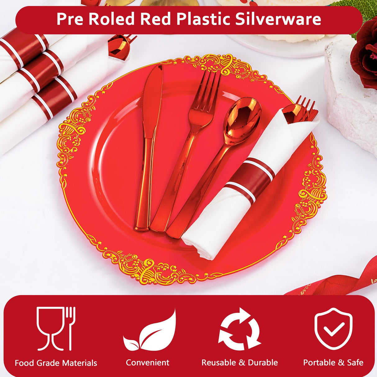 Joyido 400PCS Pre Rolled Red Plastic Silverware Sets - Heavy Duty Red Cutlery - Include 100 Pack Wrapped Disposable Utensils with Napkins for Christmas Parties & Dinners & Weddings