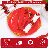 Joyido 400PCS Pre Rolled Red Plastic Silverware Sets - Heavy Duty Red Cutlery - Include 100 Pack Wrapped Disposable Utensils with Napkins for Christmas Parties & Dinners & Weddings