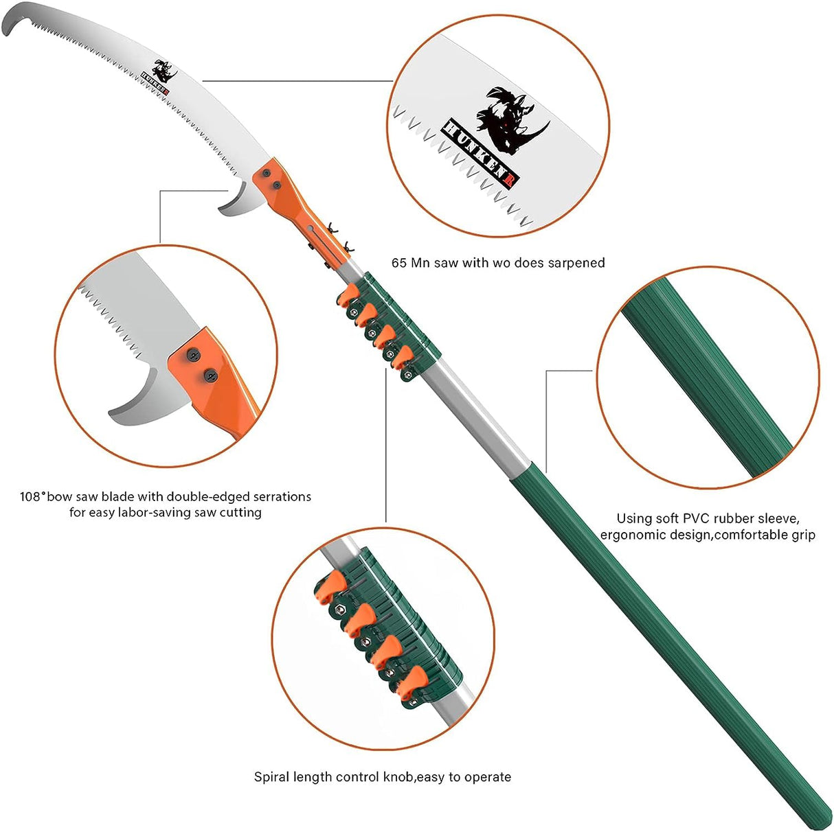 HUNKENR Tree Pruner Pole Saw Manual Extendable Long Tree Pruner Extendable，Pole Pruning Saw 18ft