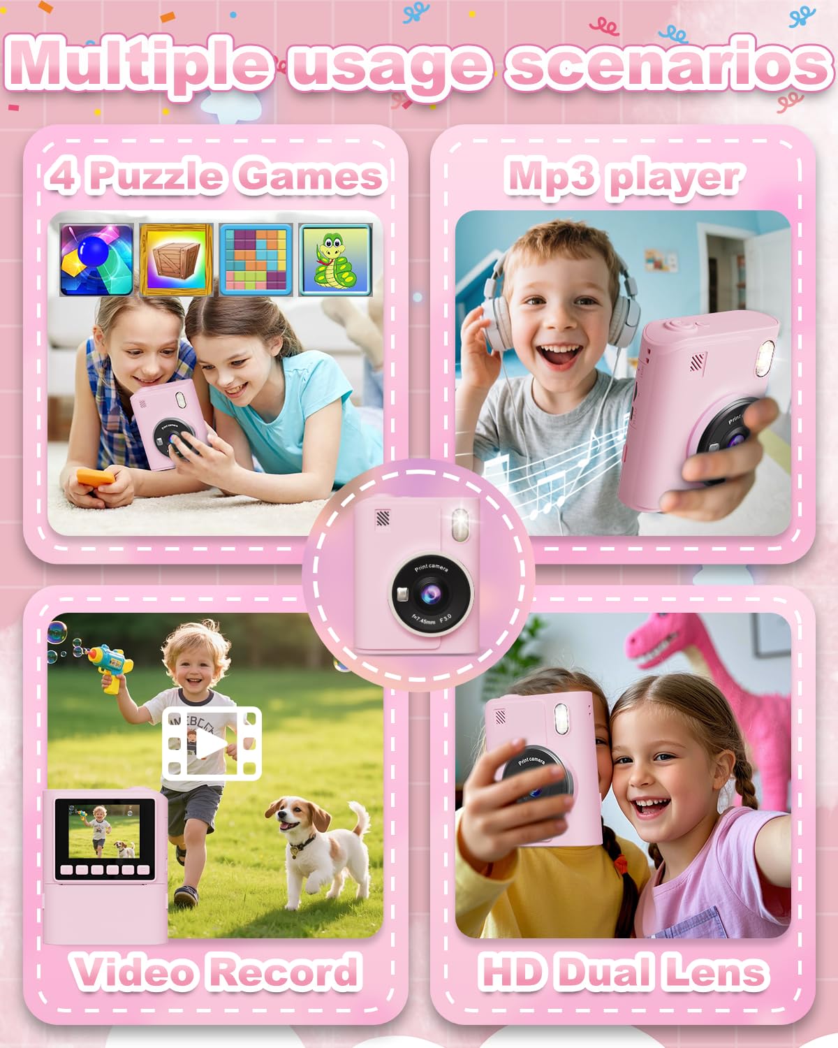Instant Print Camera for Kids, 1080P Instant Digital Print Cameras for Toddler, Portable Toy for 4 5 6 7 8 9 10 Year Old Girl, Christmas Birthday Gifts for Girls Boys with SD Card Pink