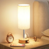 Touch Bedside Table Lamp with Memory - Stepless Dimmable Lamp for Bedroom, Small Nightstand Lamp with Dual USB Charging Ports and AC Outlet, Wood Night Light, Desk Lamp for Nursery, Living Room, Dorm