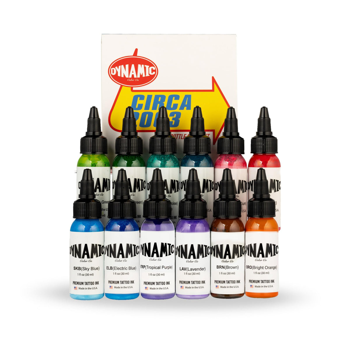 Dynamic Color Co - Circa Color Set 1oz Includes: Electric Blue, Sky Blue, Teal, Turquoise, Bright Orange, Light Brown, Lyme Green, Leaf Green, Tropical Purple, Lavender, Hot Pink, Bubble Gum Pink