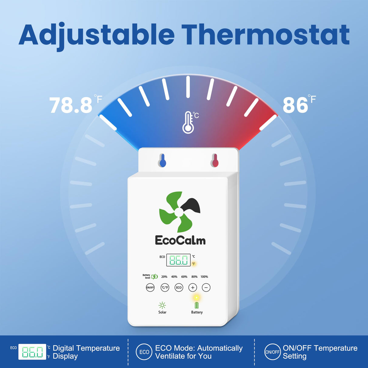 ecoCalm Solar Fan 10" with Smart Thermostat and Battery for Greenhouse