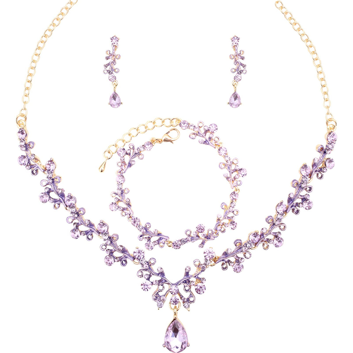 Enrwin 3Pcs Austrian Crystal Jewelry Set for Women, Necklace Dangle Earrings Link Bracelet Jewelry Set with Gold/Platinum/Gun Plated, Wedding Party Jewelry for Bridal Bridesmaid (Violet-Gold Plated)
