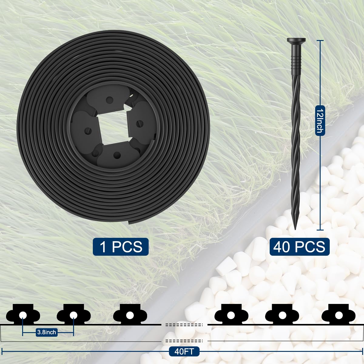 Landscape Edging Border Kit Includes 40 ft of Lawn Edging and 40 Spikes. This Garden Plastic Edging Border is Perfect for Landscaping, Flower Gardens, and lawns. (Black-40ft)
