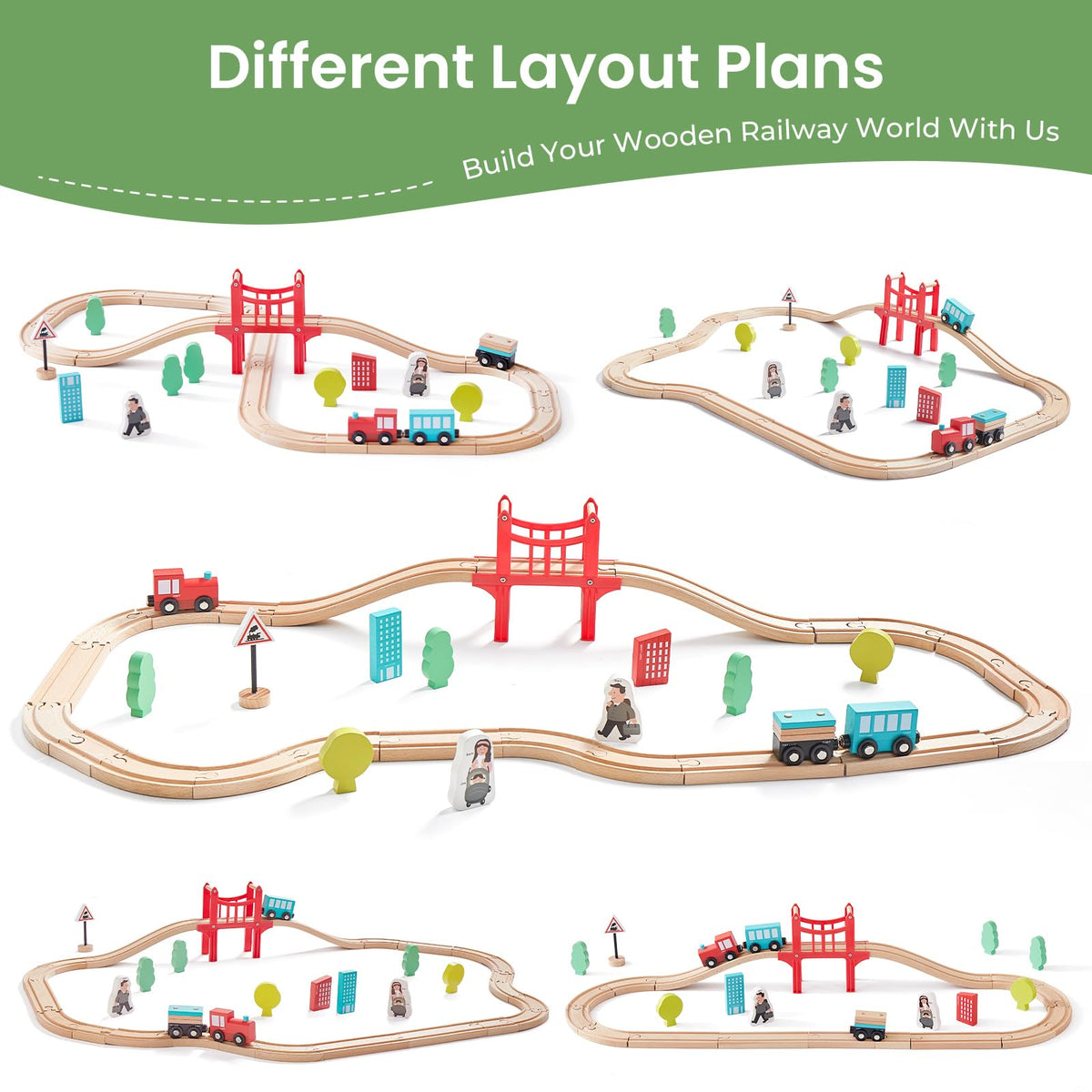 Tiny Land 39 Pcs Wooden Train Set for Toddler Ages3+ with Wooden Tracks
