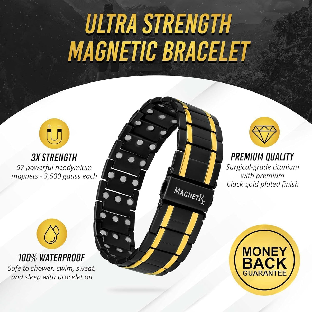MagnetRX® 3X Strength Titanium Magnetic Bracelet – Magnetic Bracelets for Men – Premium Fold-Over Clasp and Adjustable Length with Sizing Tool (Black/Gold)