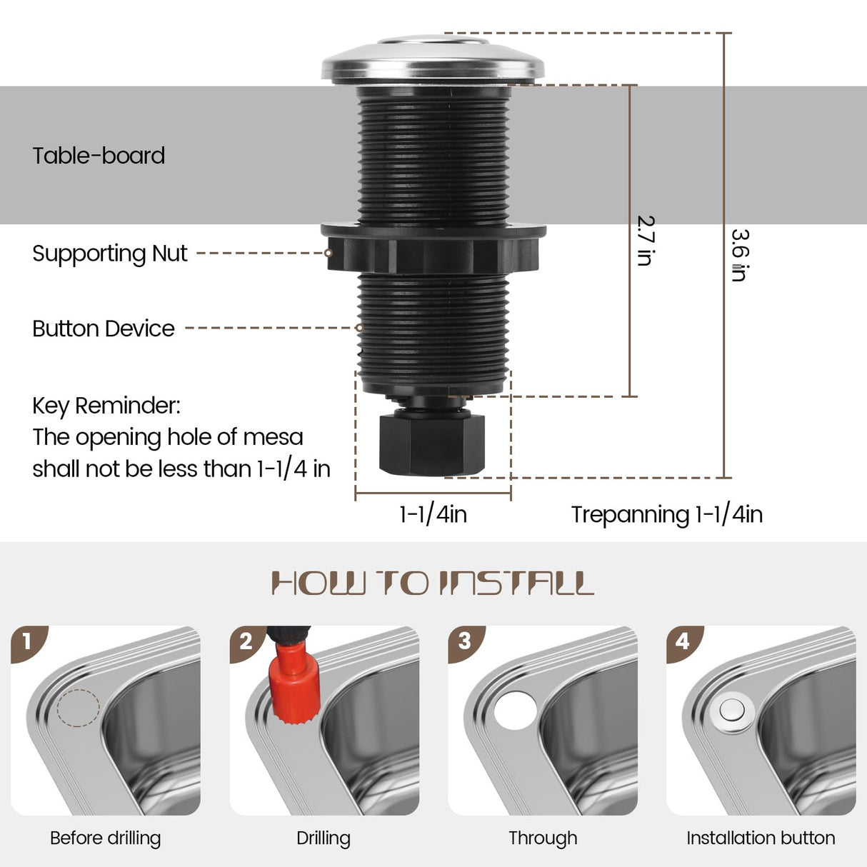 Garbage Disposal Air Switch Kit Sink Top Waste Disposal Long Stainless Steel Polished On/Off Air Button Food and Waste Disposals Part by Etoolcity, UL Listed