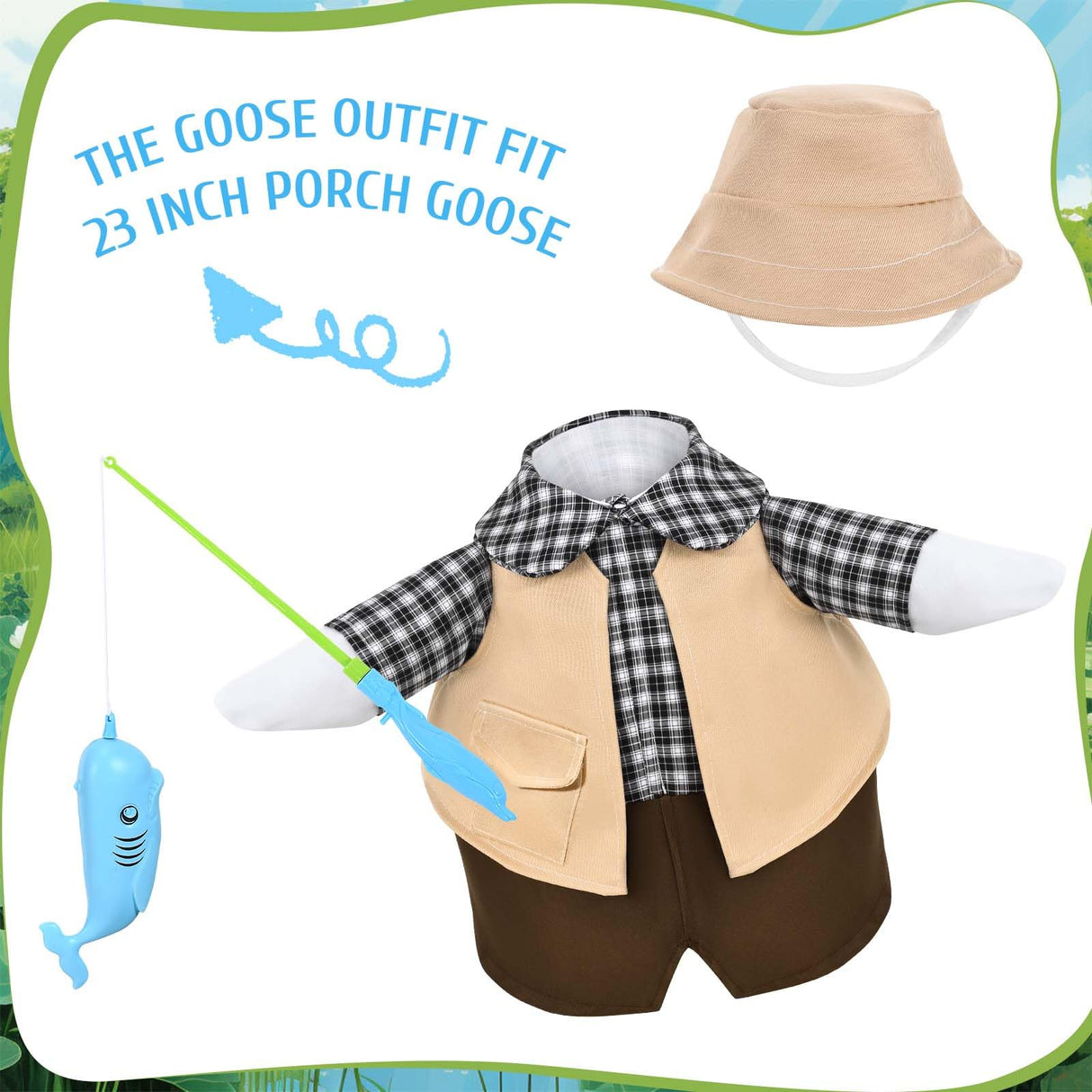 JcHrmers Fishing Porch Goose Outfits Fisherman Lawn Goose Clothes Fit 23" High Cement or Plastic Goose Statue for Outdoor Garden Yard Patio Decor
