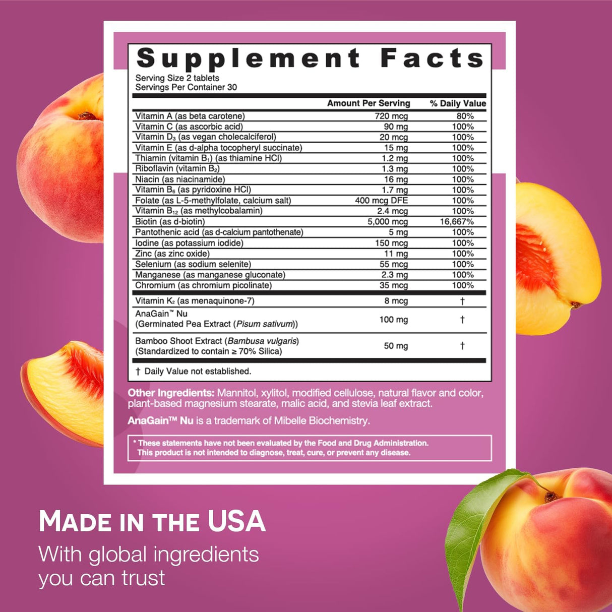 EZ Melts Dissolvable Women’s Multivitamin + Hair Growth with Biotin, Bamboo Extract & Clinically Studied AnaGain Nu, Supports Visibly Healthier, Stronger Hair, Sugar-Free Peach Flavor, 1-Month