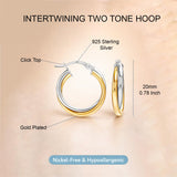LeCalla 925 Sterling Silver Hoop Earrings for Women | Small 14K Gold-Plated Two-Tone Click-Top Intertwined Chunky Earring Hoops - 20MM