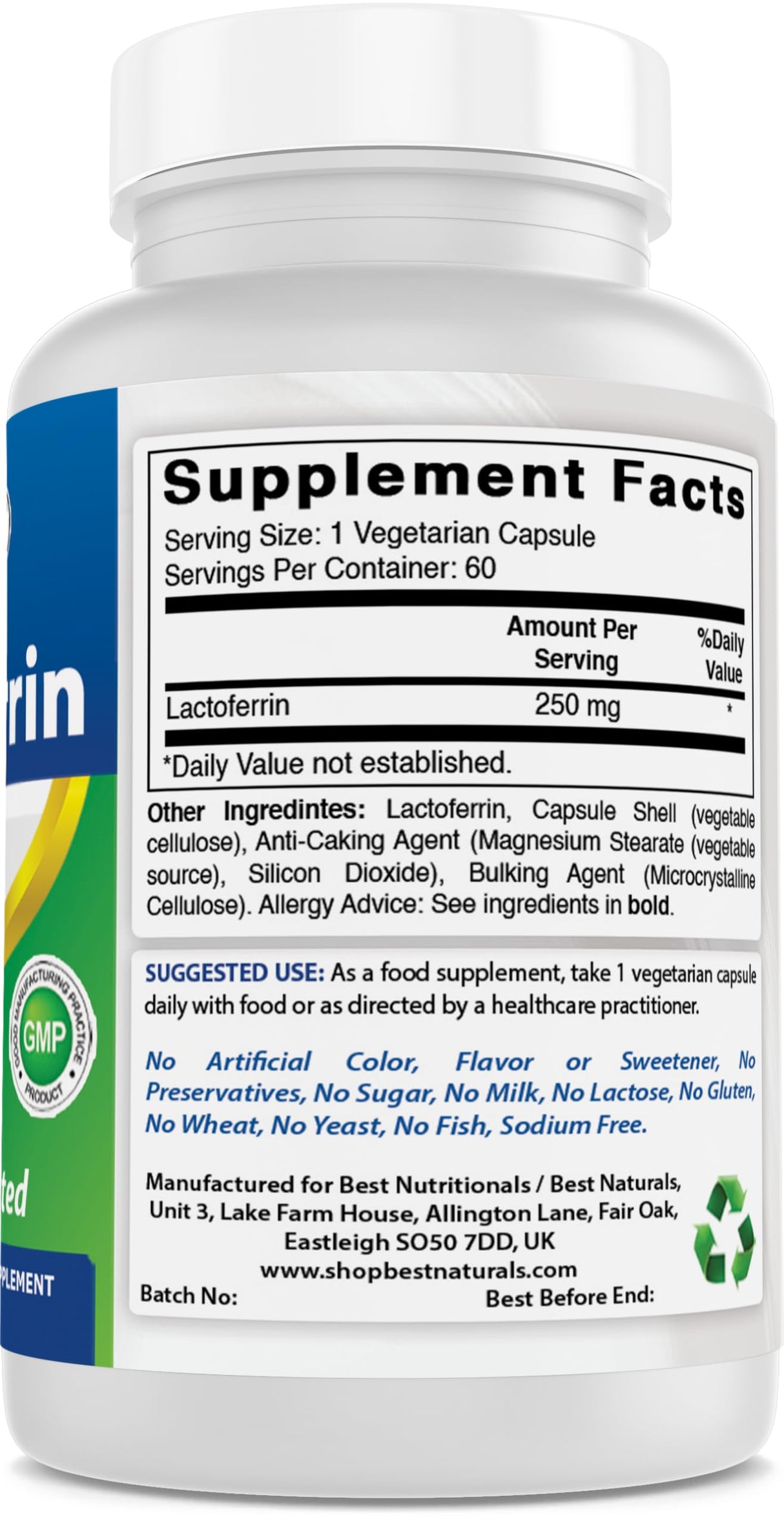 Best Naturals Lactoferrin 250 mg Veggie Capsule, Supports Healthy Immune Function - 60 Count