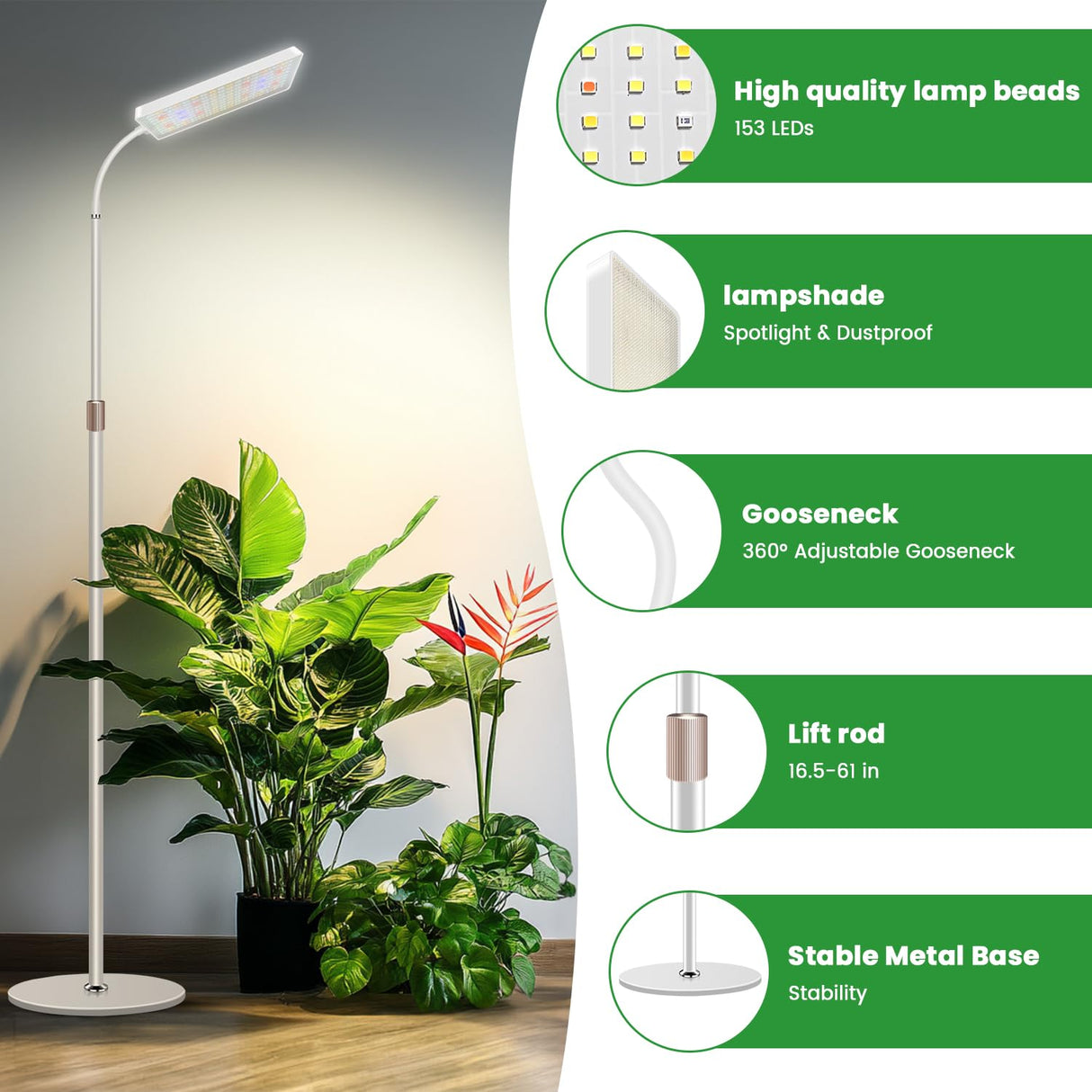 Wiaxulay Grow Lights for Indoor Plants, 153 LED Full Spectrum Plant Grow Light Floor Standing, Height Adjustable 24-68 in,4/8/12/16H Timer,3 Lighting Modes,5 Brightness for Growing Large Tall Plants