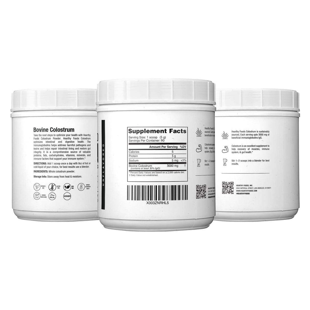 HEARTHY FOODS Bovine Colostrum Powder - Upto 30% IGG, 90 Servings, Leaky Gut Repair Supplements, Gut Health and Immune Support | Grass-Fed Halal Non GMO, Gluten Free 16Oz 454g