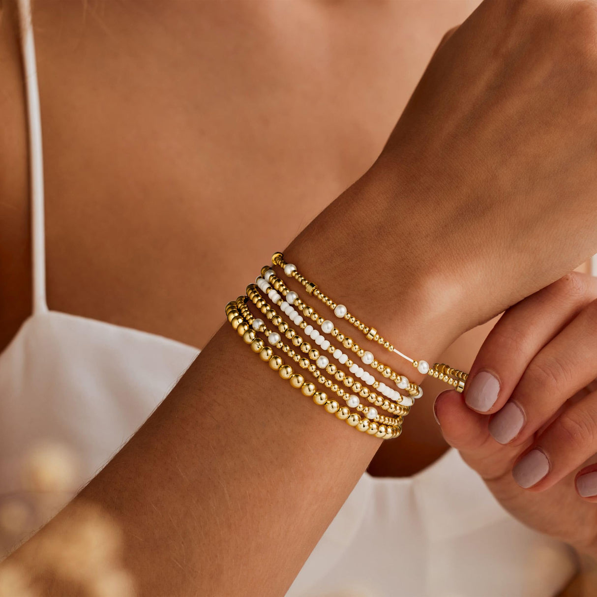Turandoss 6PCS Gold Beaded Bracelets Set for Women, 14K Gold Plated