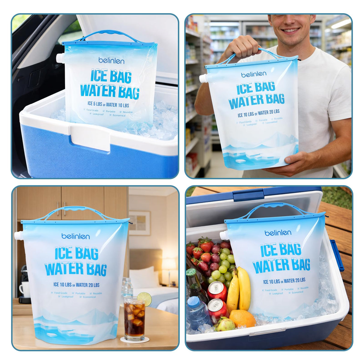 Belinlen 6 Pack Reusable Ice Bags for Cooler 10lb Cooler Ice Cube Bag with Sealed Sliding Handle, ice Lock Watertight ice Bag Large Leakproof Ice Bag for Camping, Hiking, and Drinks(13.8 x 19.7)