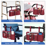 FINPAC Wheelchair Side Storage Bag w/Cup Holder, Wheelchair Armrest Accessories Pouch with Pen Slot and Reflective Strips for Power Walkers, Rollators, Seniors - Burgundy
