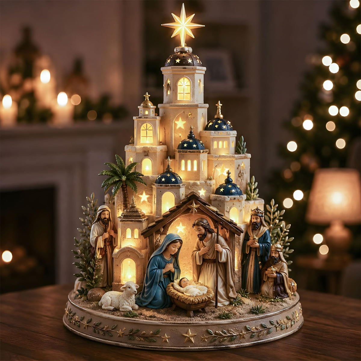 Bethlehem Nativity Church Light Tower,Lighted Nativity Scene Tabletop,1 Pcs