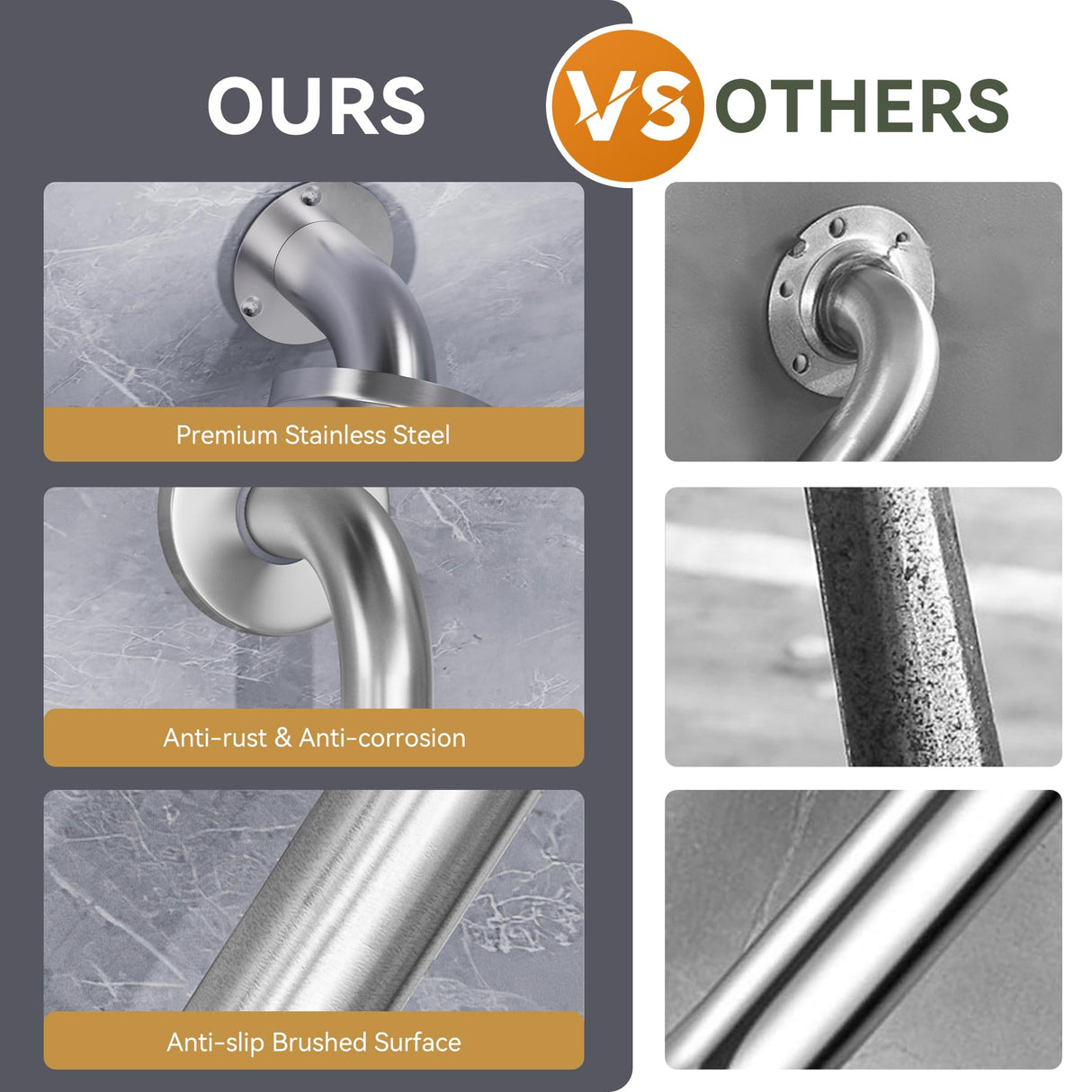 AmazerBath Shower Grab Bars for Seniors Anti Slip, Bath Safety Grab Bar for Needy, Stainless Steel Bathroom Safety Grab Bars, Thickened Bar Bigger Base Holds 500LBS, 16"L x 1.25"D, Brushed Nickel