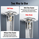 5-in-1 Bathroom Sink Stopper, 2 Pc Pop-Up Drain Stopper with Removable Hair Catcher, Anti-Clog Strainer, Odor Blocking & One-Way Flow Design, All Metal Brass Core & Stainless Steel, Fit 1.1"–2.36"