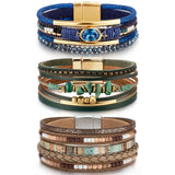 LOWNOUR Boho Bracelets for Women 3pcs Leather Bracelet for Women Western Jewlery Leopard Multi-Layer Crystal Beads Stone Leather Cuff Wrap Bracelets (Boho-3pcs)