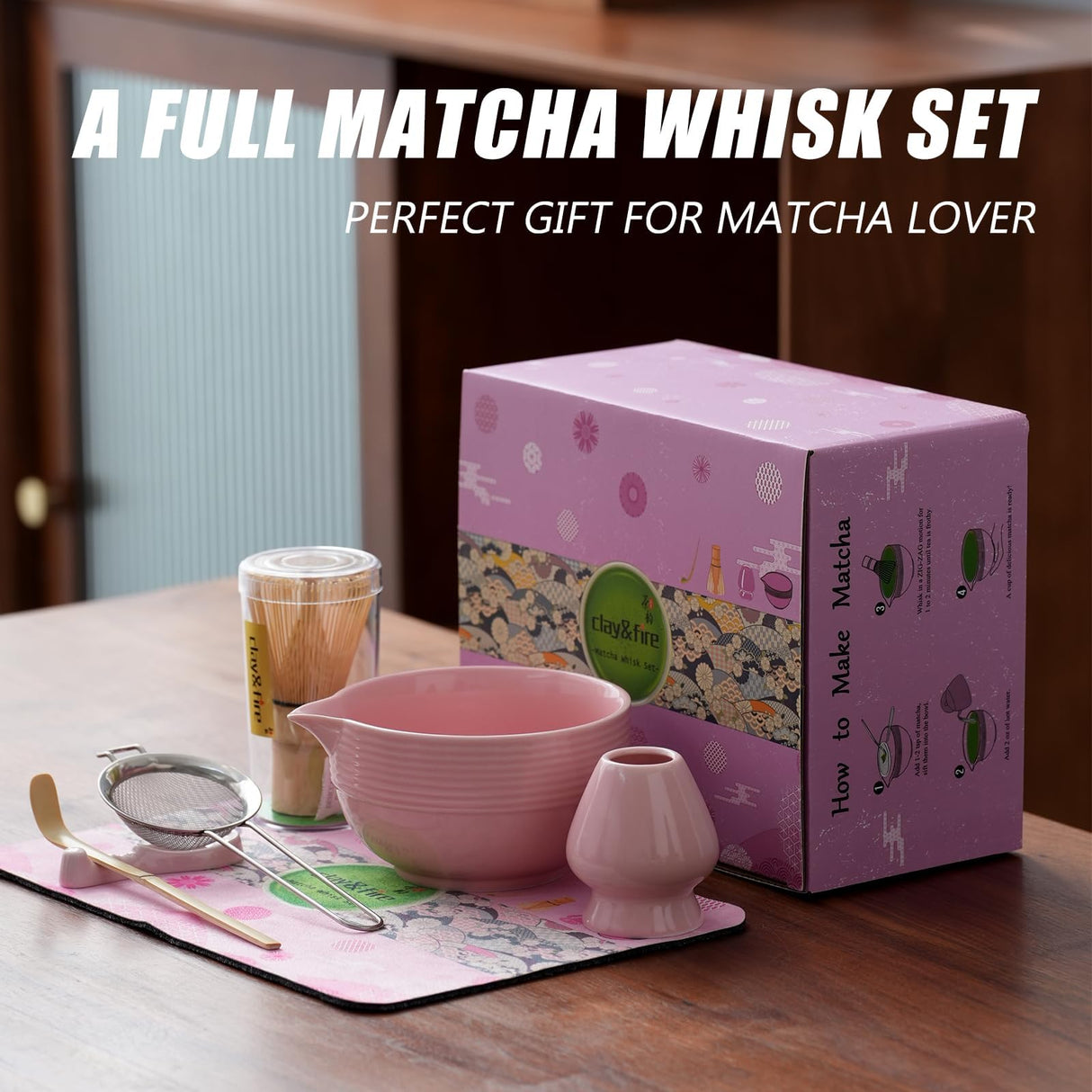 Clay&Fire Matcha Whisk Set, Ceramic Matcha Set, Matcha Bowl with Spout and Whisk, 8 pcs Matcha Tea Kit for Matcha Lovers, Ideal Gift Christmas, Birthday (Pink)