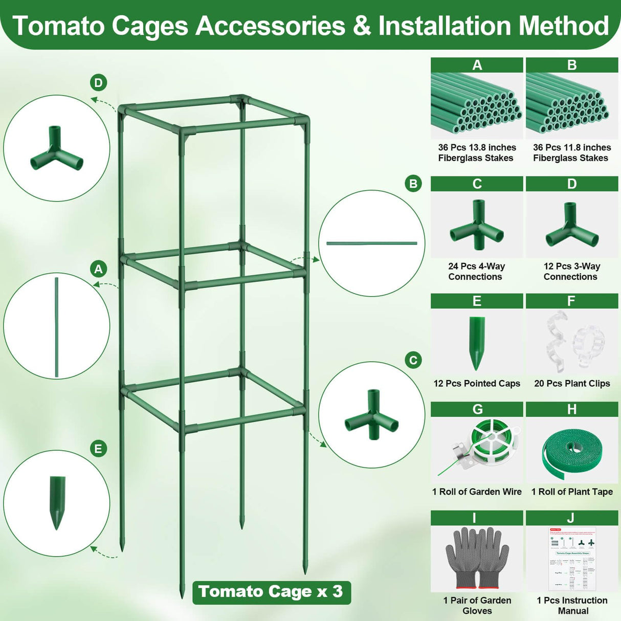 Lezmarket 3 Pack Tomato Cages for Garden, Tomato Trellis for Raised Garden Bed with Plant Clips and Twist Ties for Climbing Plants, 43 inches