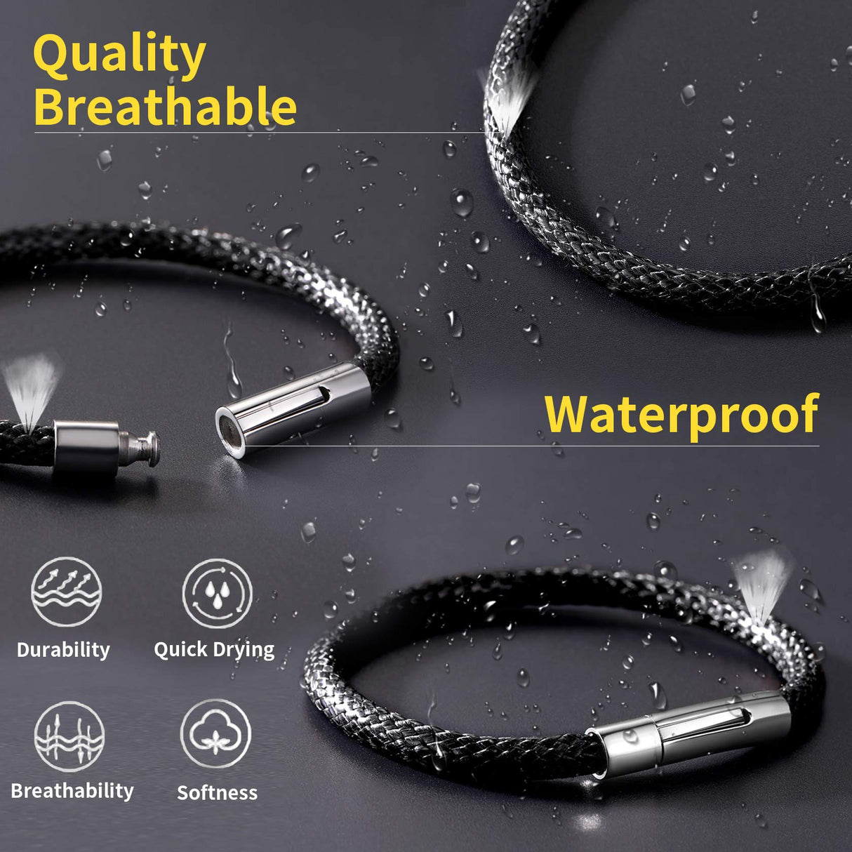 ChainsHouse Mens Black Leather Bracelet Cord 5mm 7.9 inch Black Stainless Steel Clasp Leather Bracelets Waterproof Cuff Bracelet