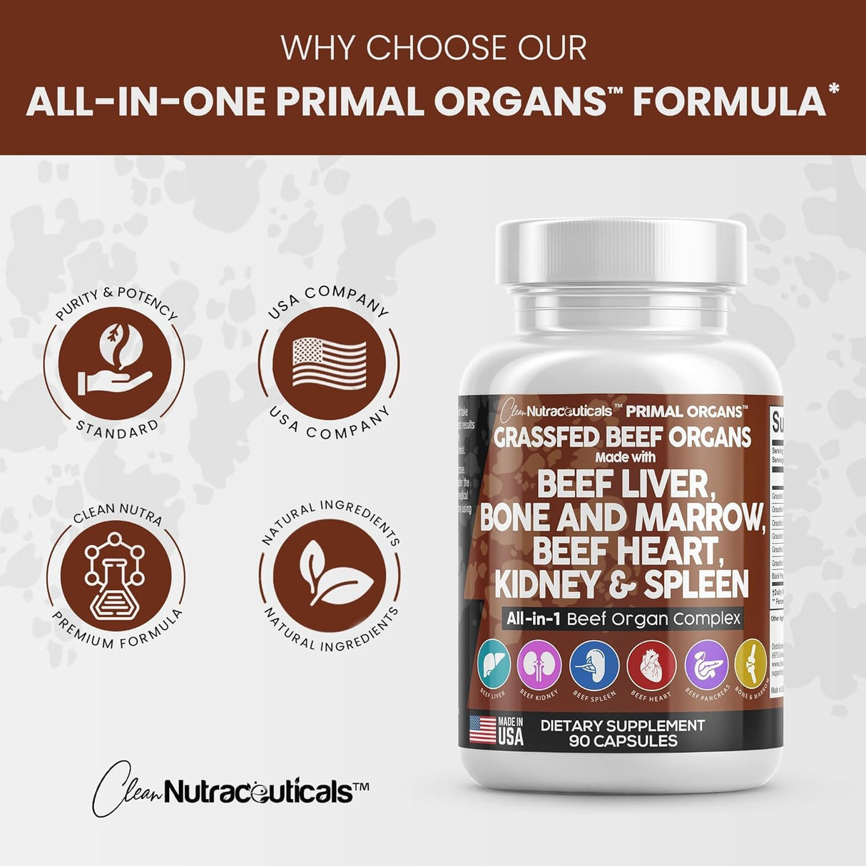 Clean Nutraceuticals Grass Fed Beef Liver Capsules - Premium Quality Supplement Packed with Desiccated, Beef Heart, Beef Spleen, Beef Pancreas Plus Bone & Marrow Dao Enzyme Pills