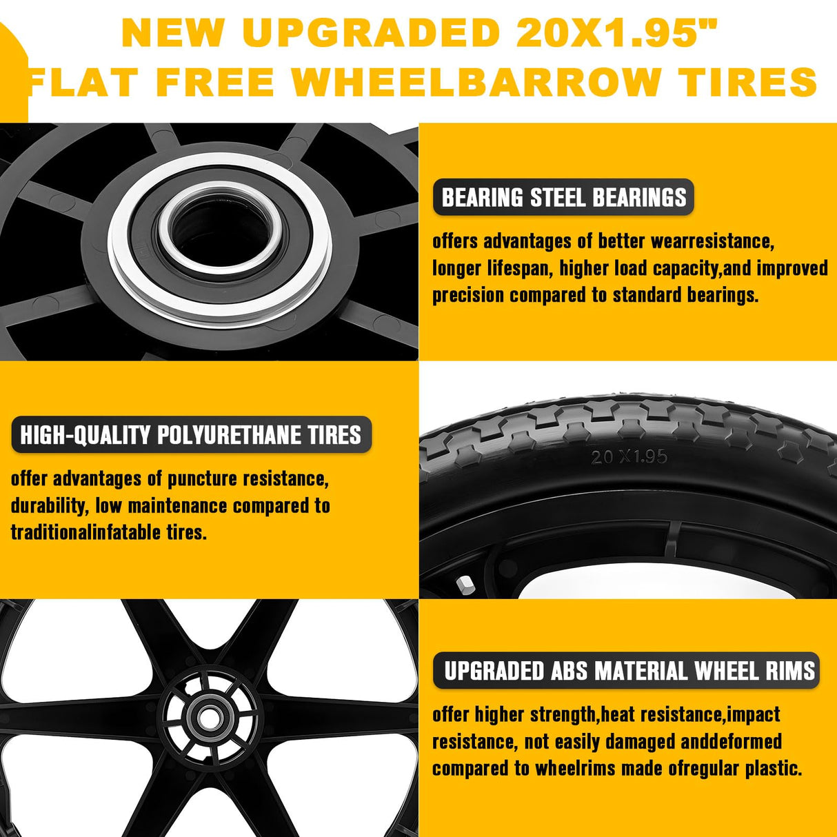 20" Flat Free Wheels Compatible with rubbermaid Wheelbarrow Tires (5/8 inch bearing)