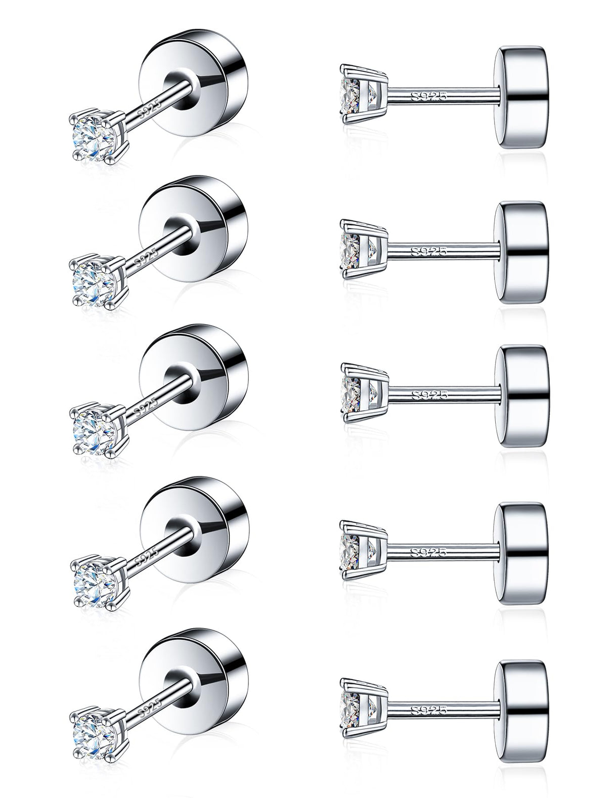 5 Pairs Tiny Moissanite Cartilage Stud Earrings Set,18K White Gold Plated Small Sterling Silver Earrings,Hypoallergenic Threadless Earring for Women Men (5 Pairs-2mm-18K White Gold)