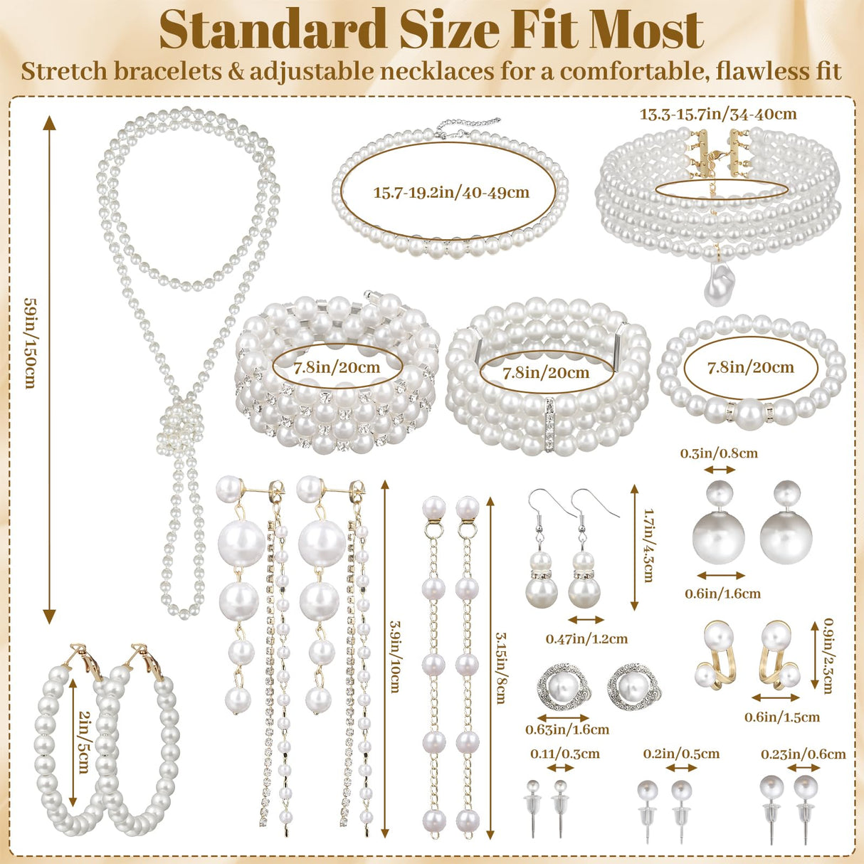 Jupwalz 16 Pcs Pearl Jewelry Set with Necklace, Earrings and Bracelets, Pearl Necklaces for Women, Faux Pearls Set Jewelry for Wedding Bridal Christmas Party