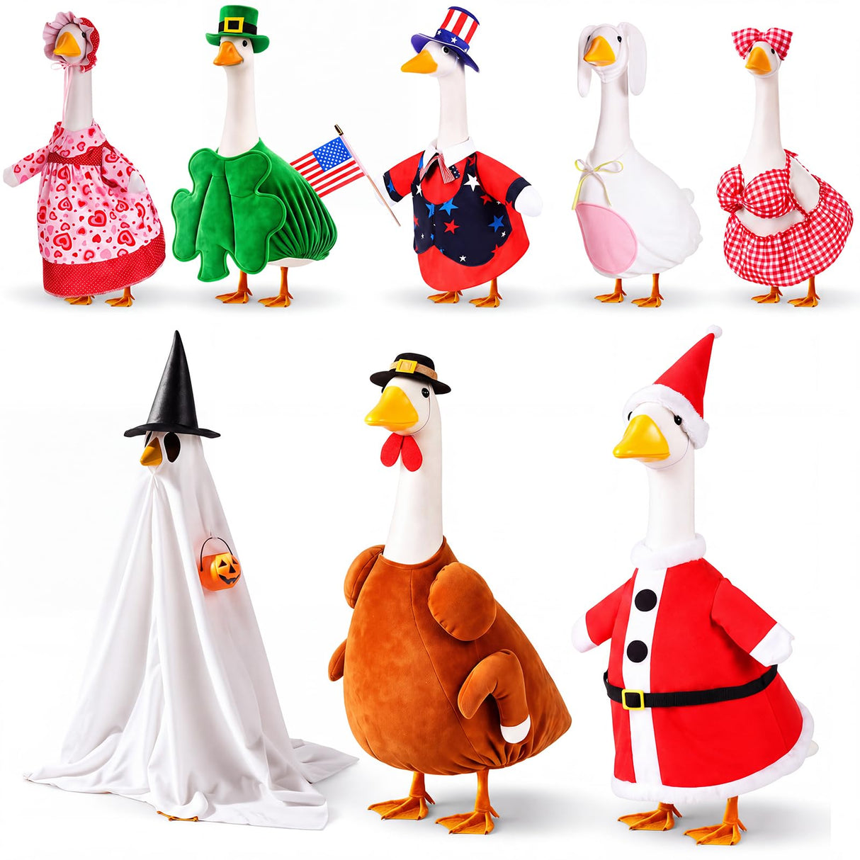 Silicherry 8 Set Seasonal Holiday Goose Outfits Christmas Valentine's Day Summer All Seasons Lawn Porch Goose Clothes Costume for 23" Cement Statue Garden Patio Outdoor Decor (Funny Style,23inch)