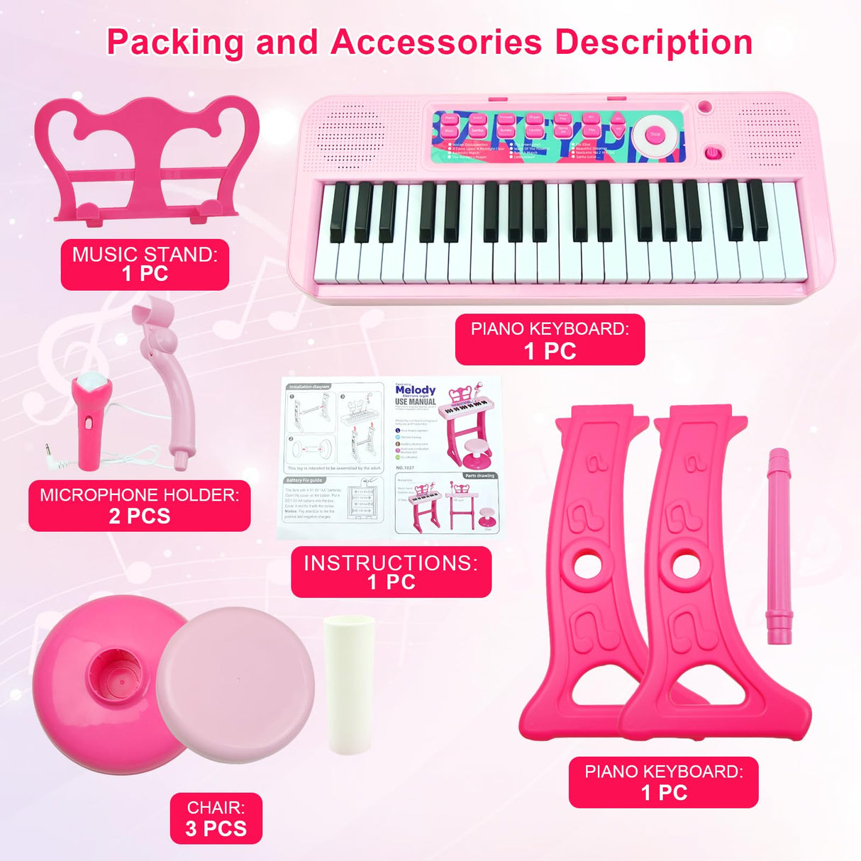 Love&Mini Kids Keyboard Toys for Girls - 37 Keys Pianos Toy with Stool and Microphone Pink Electronic Musical Instrument, Christmas Birthday Gift for Kids 3 4 5 6 7 8 Years Old Boy and Girl
