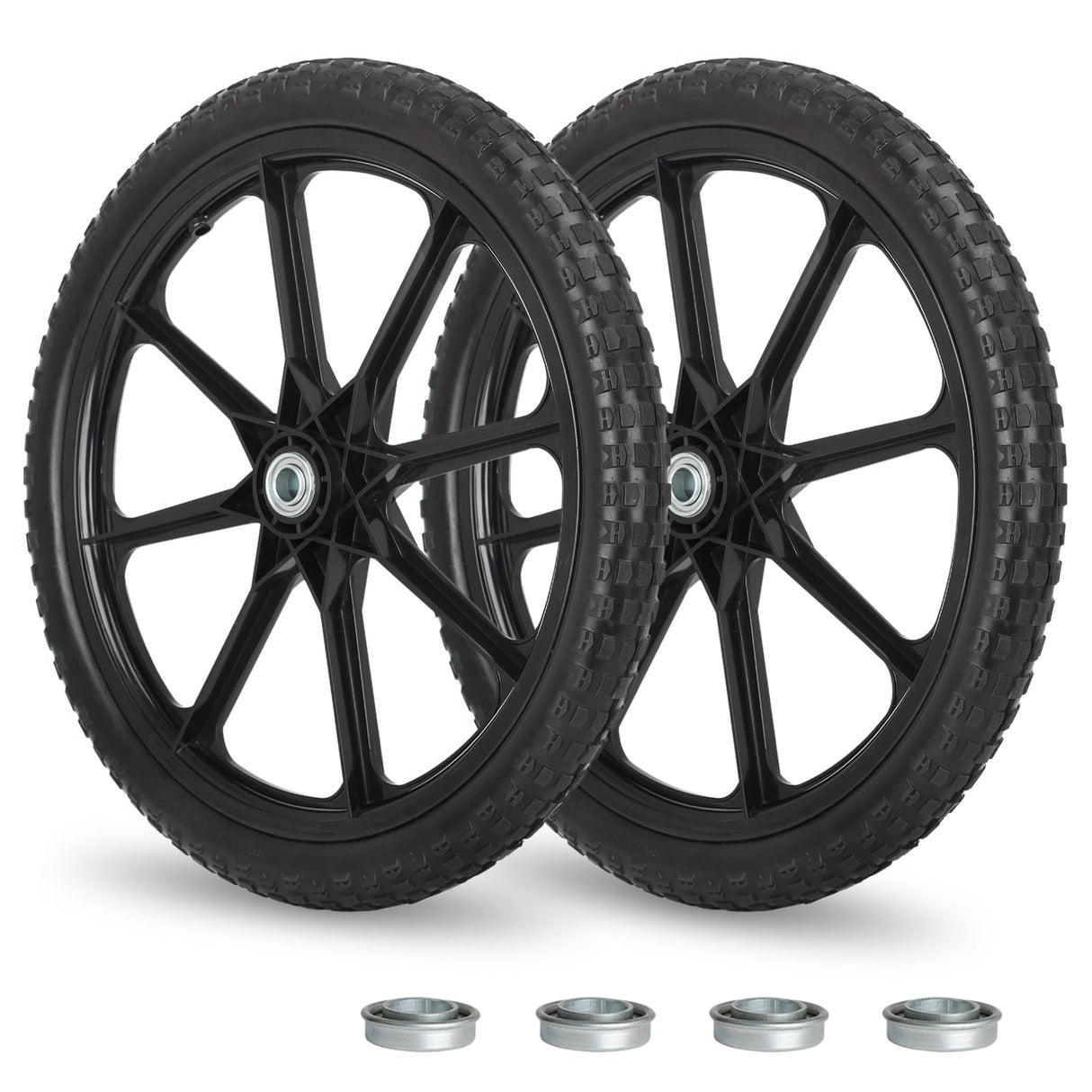 GICOOL 20" Flat Free Tire and Wheel, with 3/4" & 5/8" Bearing, 2.45" Centered Hub, Replacement Wheel For Rubbermaid Wheelbarrow, Garden Yard Cart, 2 Pcs