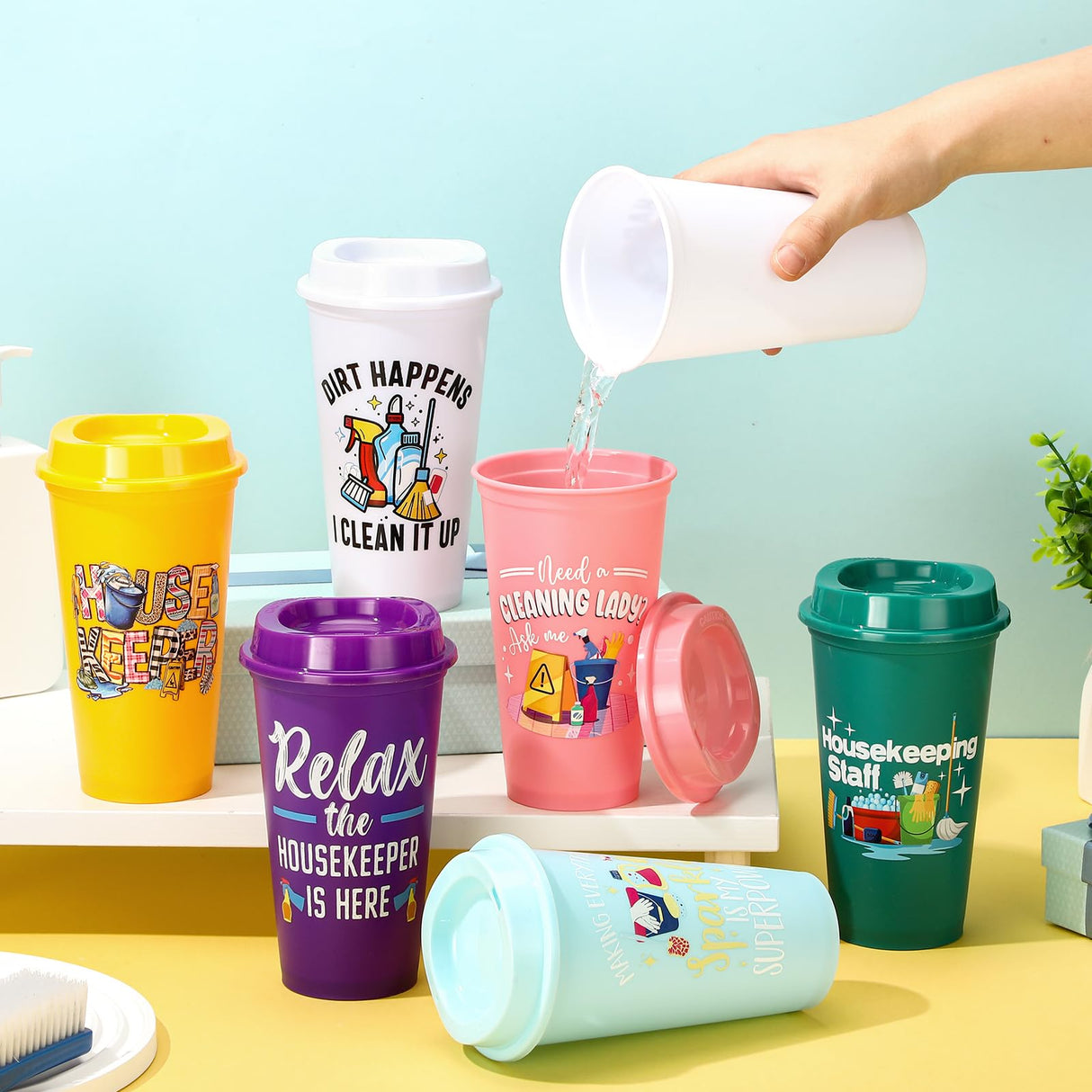 SiliFine 12 Pcs Housekeeping Appreciation Gifts Bulk 16 oz Tumbler with Lids Housekeeper Thank You Cups Reusable Travel Coffee Mug Housekeeper Christmas Gifts for Staff House Cleaner Domestic Worker