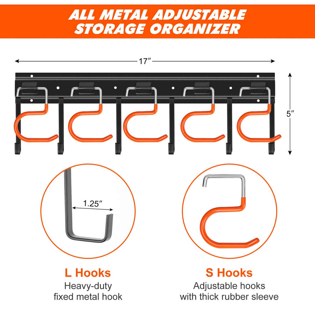 TVKB 34'' All Metal Garden Tool Organizer Wall Mount Garage Organizers and Storage with Hooks Tool Hangers for Shed