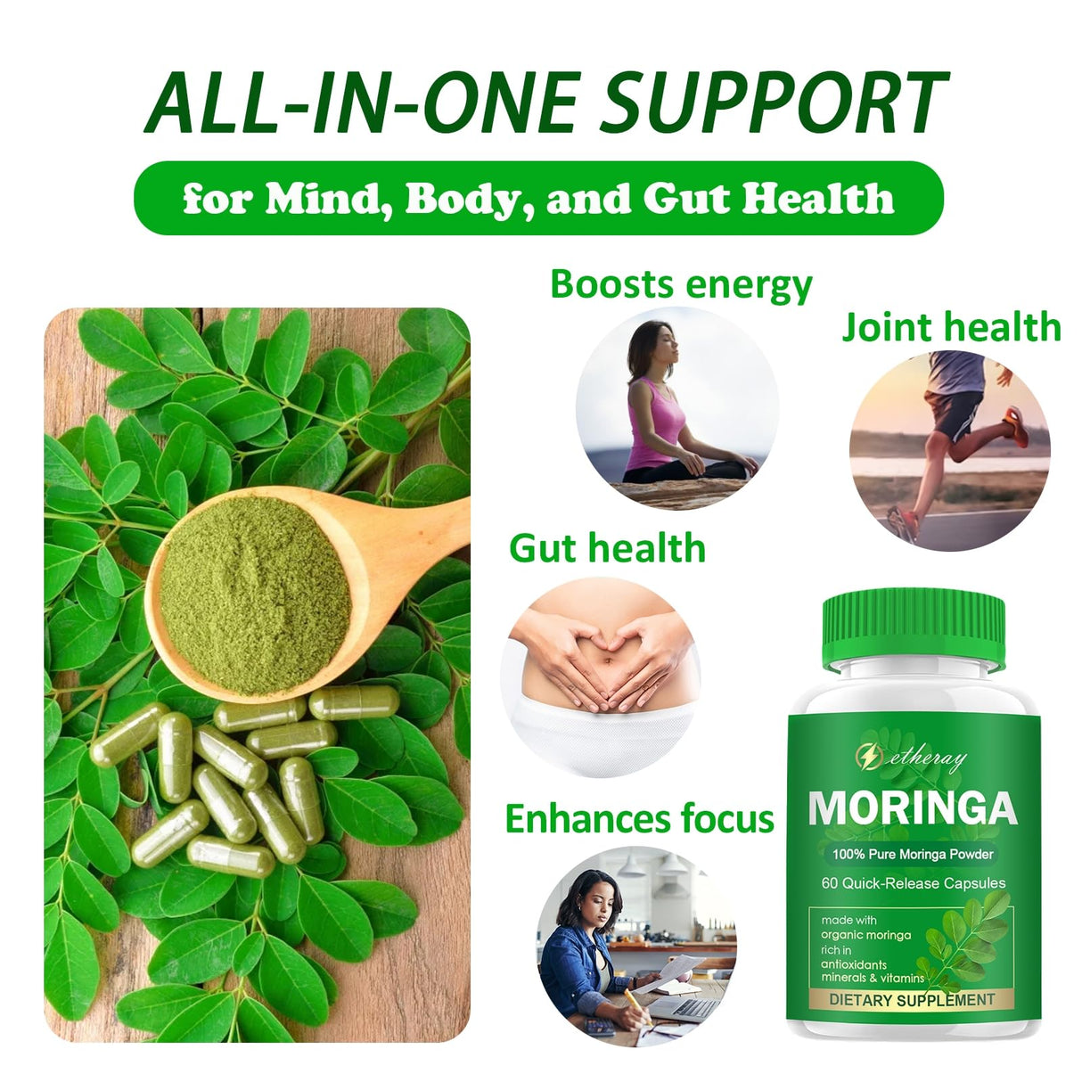 etheray Moringa Capsules, Pure Moringa Powder 800mg per Serving - Rich in Antioxidants Multi Minerals & Vitamins | Green Superfood - Supports Energy, Skin Health, Gut Health - 60 Capsules